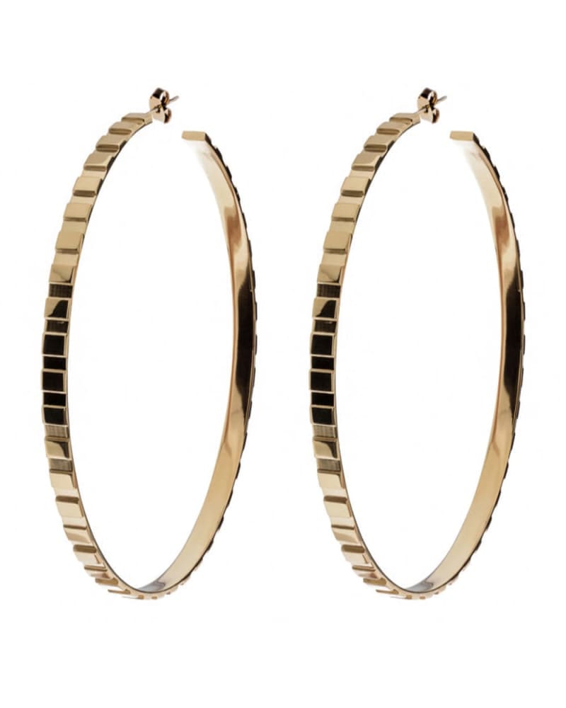 Front of a size one-size-fits-all Rectangle Step Pattern Hoops Gold in Gold by Eklexic. | dia_product_style_image_id:285289